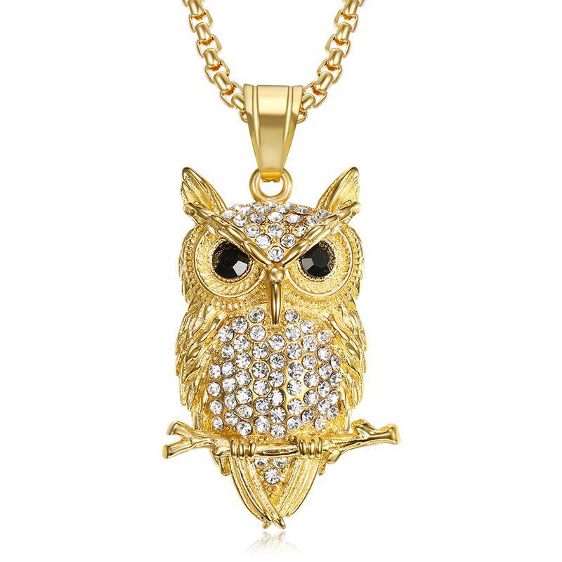 Gold-Plated Diamond Owl Pendant Necklace - European American Hip-Hop Style