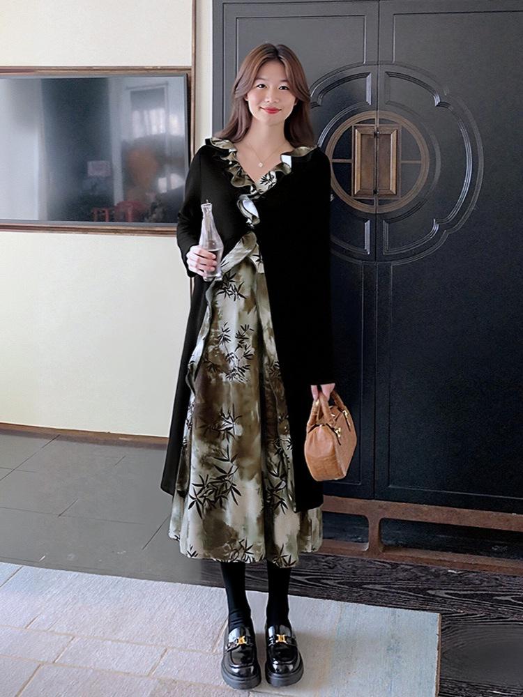 Chinese Style Plus Size Ruffle Dress for Spring & Autumn - 130-320 Jin, Women's Fake Two-Piece Long Dress (2026)