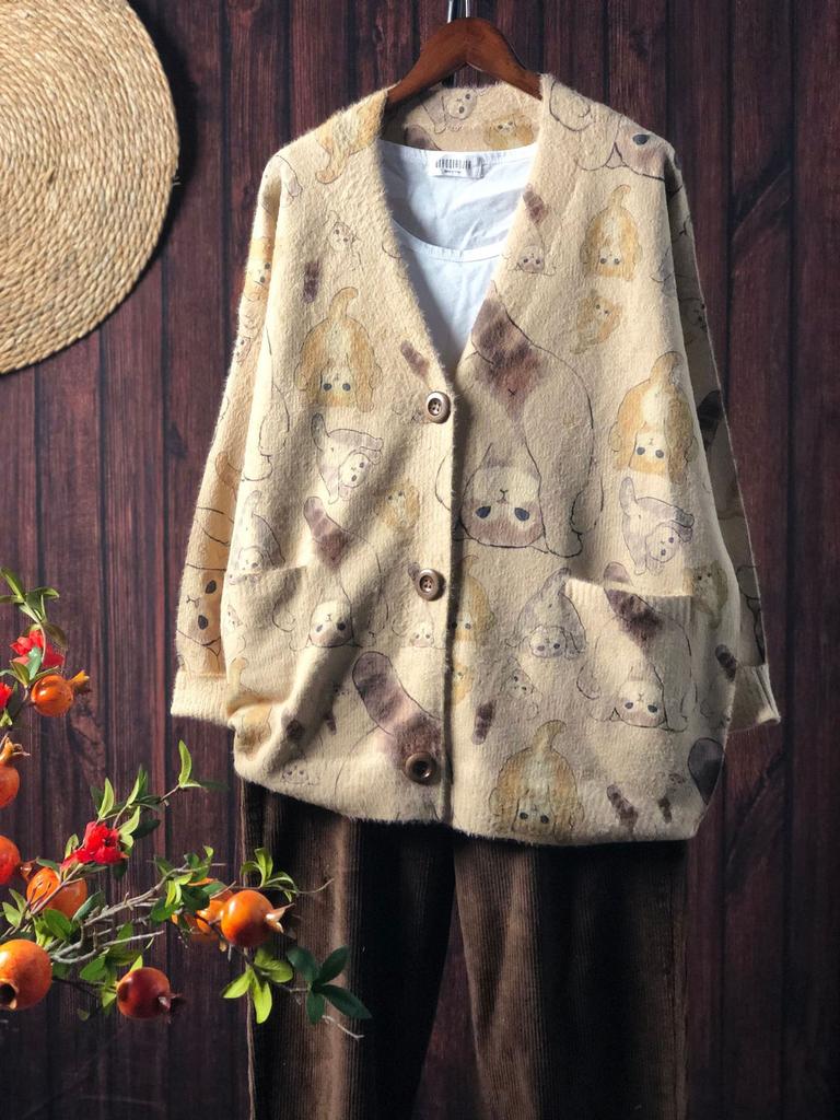 Factory new autumn and winter cute printed imitation mink velvet jacket women's Korean version loose lazy sweater