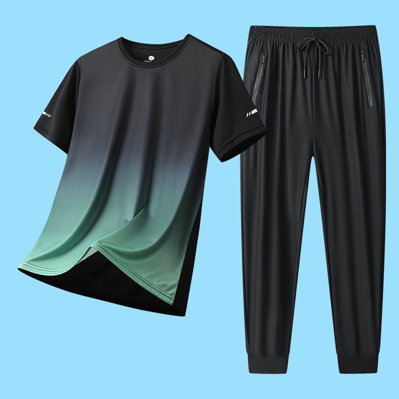 2026 Summer Men's Ice Silk Casual Sports Set: Round Neck Short Sleeve & Long Pants