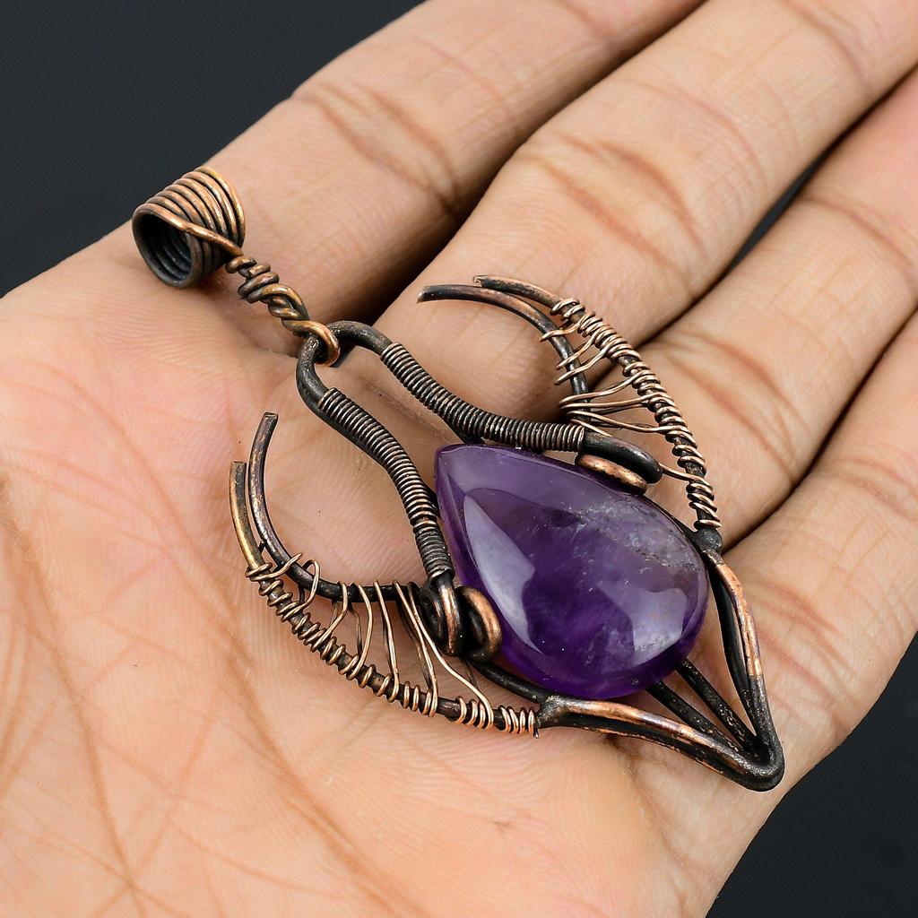 Amethyst Pendant Gemstone Jewelry, 999 Copper Wire Wrapped Bull Face Pendant, Gift For Women Handmade Pendant