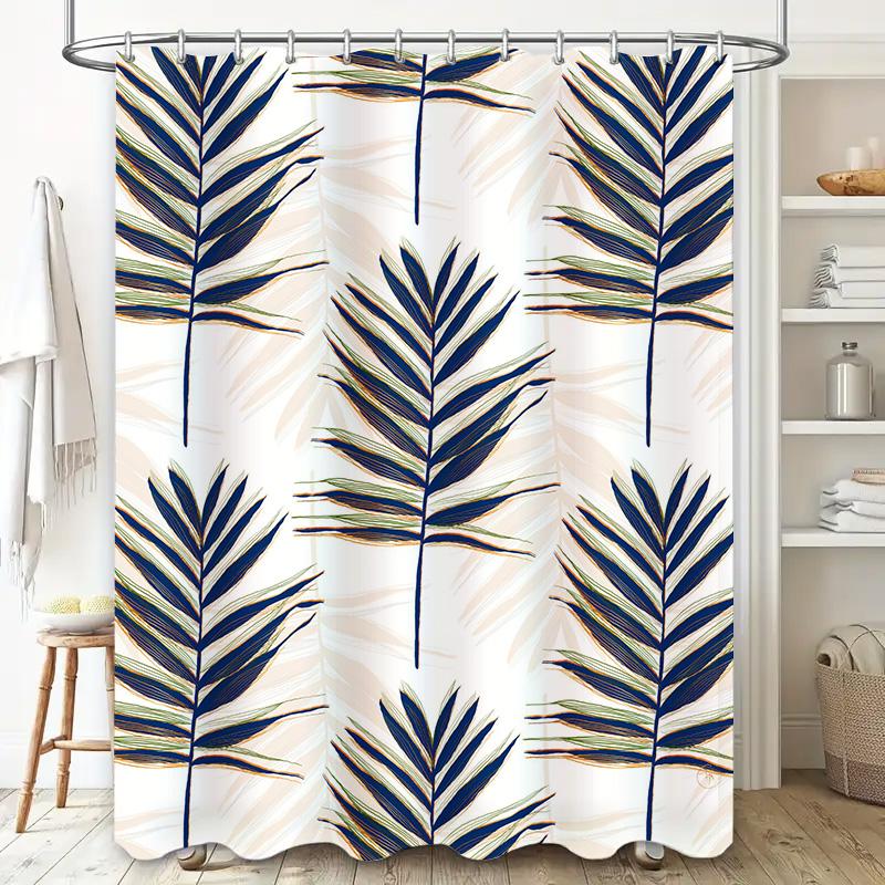Exotic Palm Leaves Shower Curtain Luxury Floral Bath Decor with Blue Stripes Design for Bathroom DecorationsSize: 180x180cm (Whi