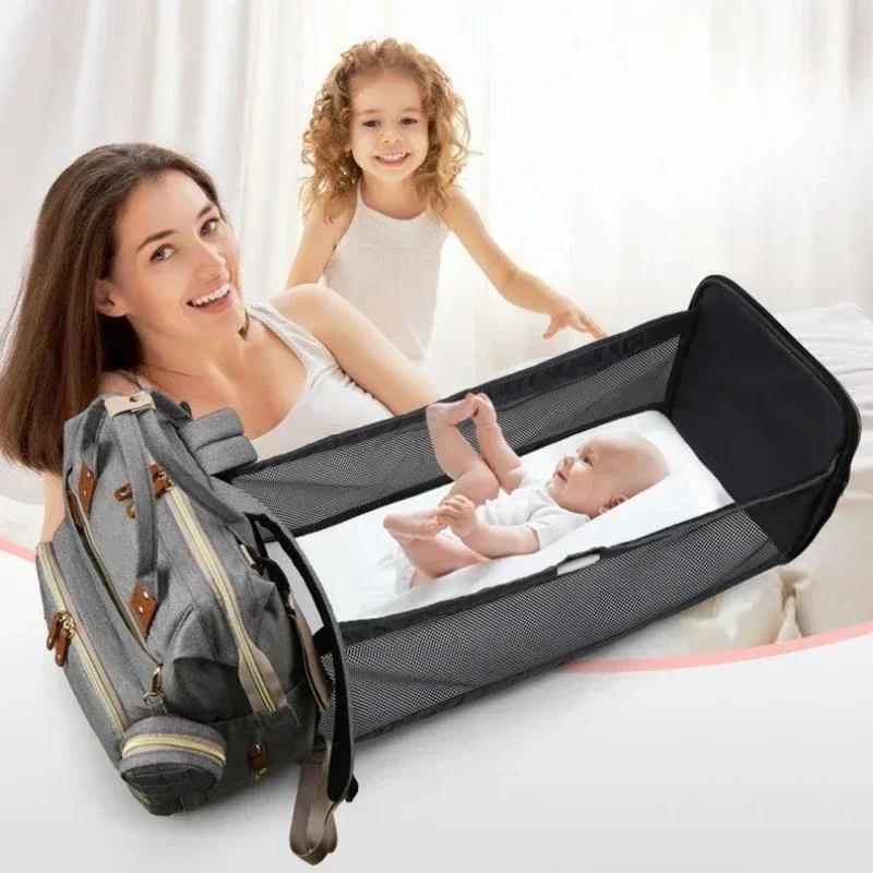 Mummy Backpack With Foldable Crib Soft Mattress Multifunctional Mommy Bags Baby Bottle Insulation Storage Bags Diaper Organizer