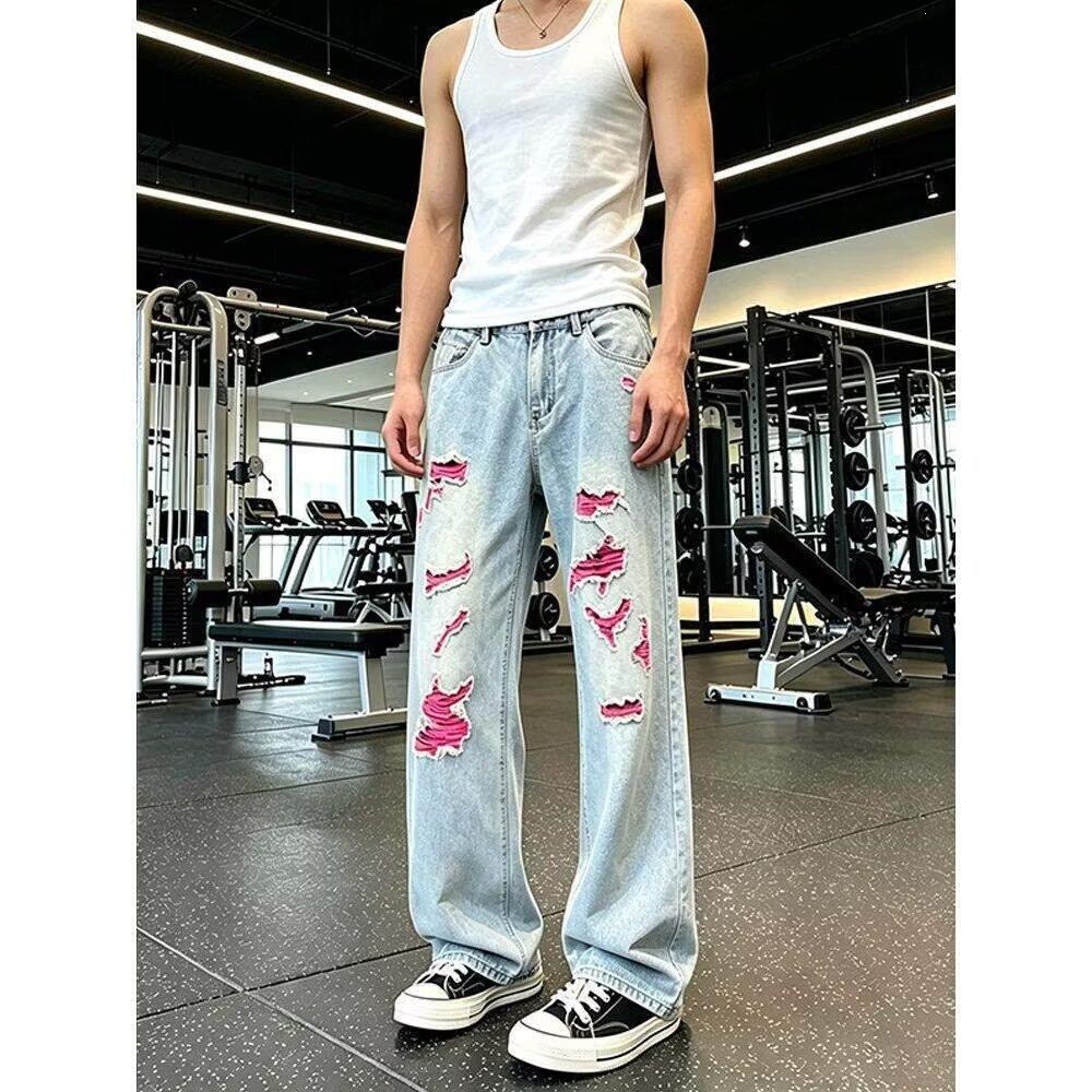 Blue washed ripped jeans men's ruffian handsome contrasting color slightly machete pants cleanfit straight pants