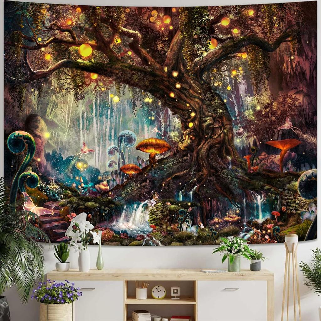 YEXIT Fairy Tales Magical Forest Tapestry, Nature Tree of Life with Elves Landscape Tapestry Wall Hanging for Living Room BedRoom Decoration Green
