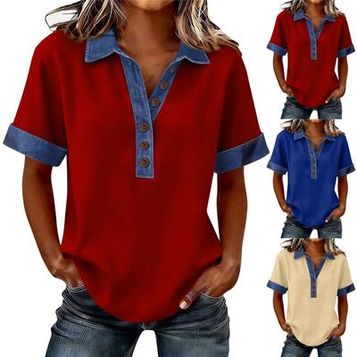 Camisas Patchwork de Sarja Para Mulheres Gola Alta Casual Manga Curta Camiseta Confortável Moda Primavera Verão