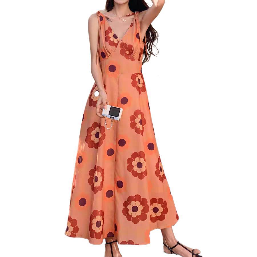 French Retro Style Orange V-neck Printed Suspender Dress for Women's Summer New Vacation Super Good-looking Temperament A-shaped Long Dress
