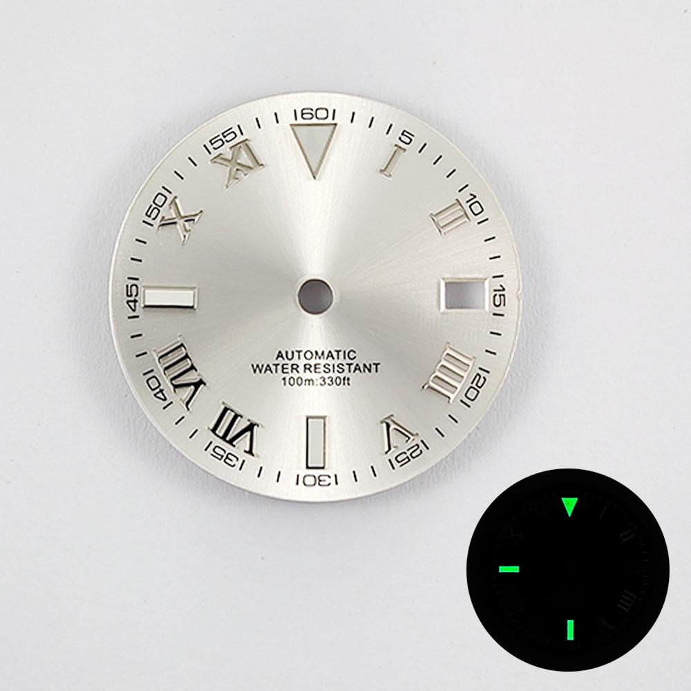 

NH35 29mm No Logo Sterile Sunburst Watch Dial For NH35A NH36 Movement Green Luminous Silver/Rose Gold Roman Numeral Nail dial 29mm(No Logo)
