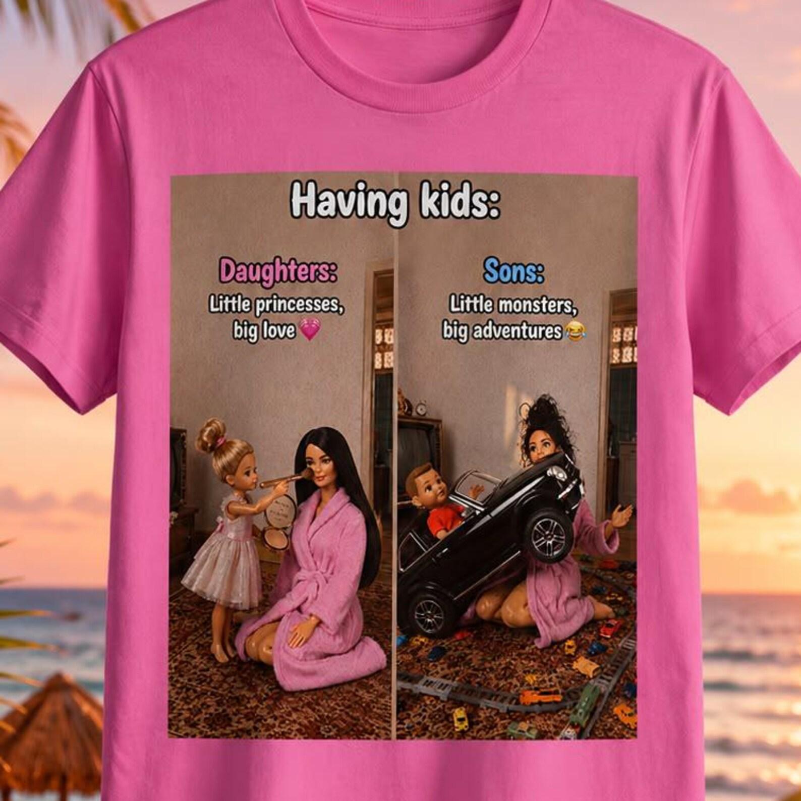 Funny Mom Life T-Shirt | Having Kids Daughters vs Sons Shirt | Mom and Daughter Funny Tee | Mom and Son Humor Shirt | Doll Style Graphic Tee 3XL