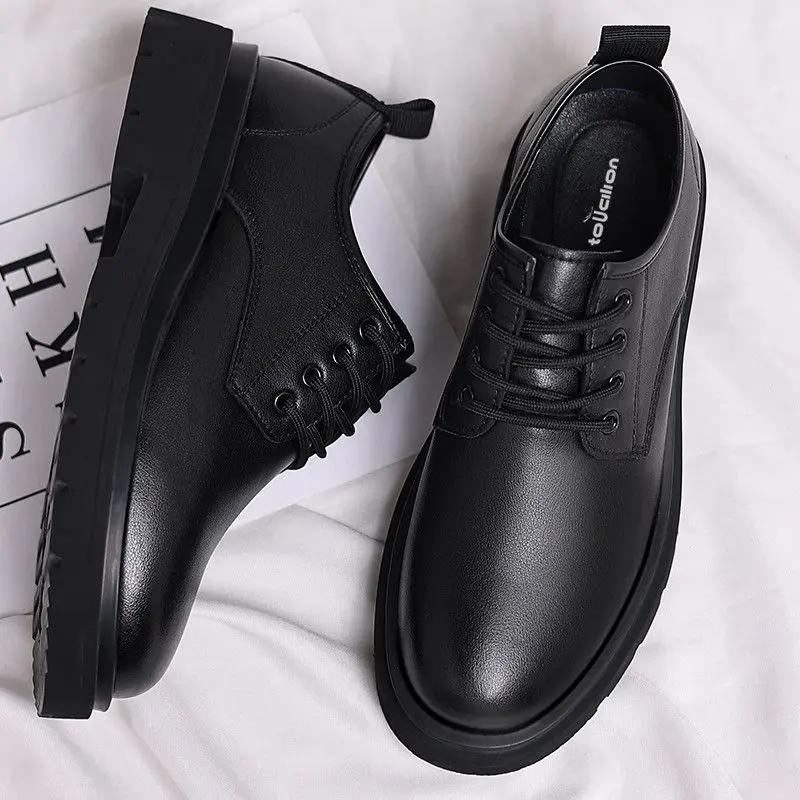 Fashion Leather Shoes for Men Black Thick Sole Platform Round Toe Shipping Free Classic Man Casual Shoe Original Comfortable 2024 Trend