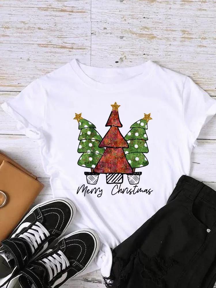 Christmas Womens Round Neck Short Sleeved Christmas Tree Reindeer Print Womens Loose Oversized Comfortable White Tshirt