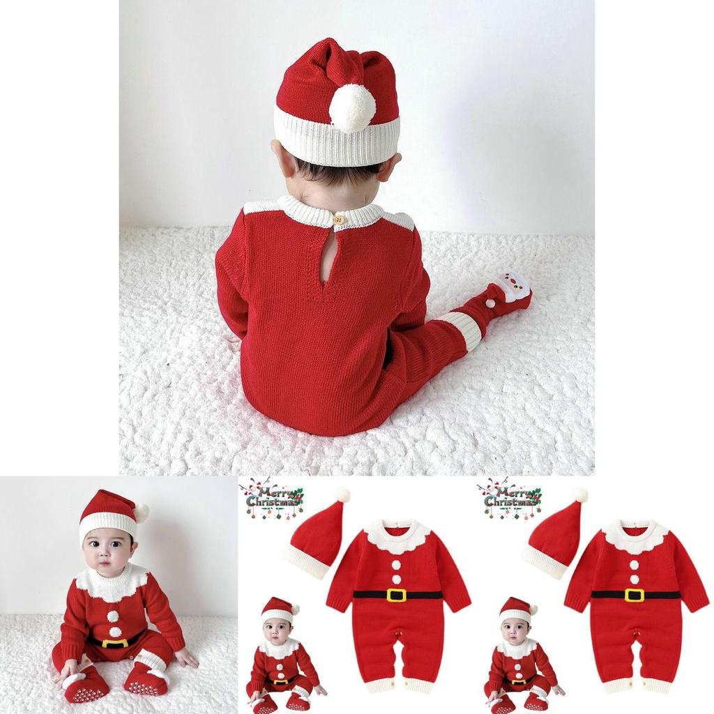 Adorable Christmas Baby Knitted Romper Jumpsuit Outfit W/ Santa Claus Sweater Hat