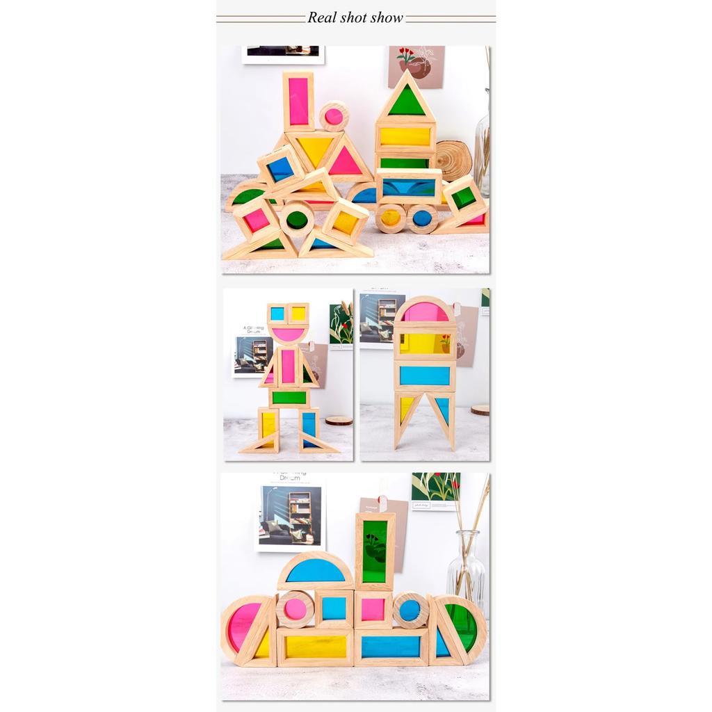 Montessori Transparent Shape Blocks Wooden Toys Rainbow Acrylic Color Cognitive Sensory Building Game Educational Toys for Kids