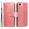 For iPhone 16e Leather Case Wallet Stand Grids Imprinted Phone Cover with Strap