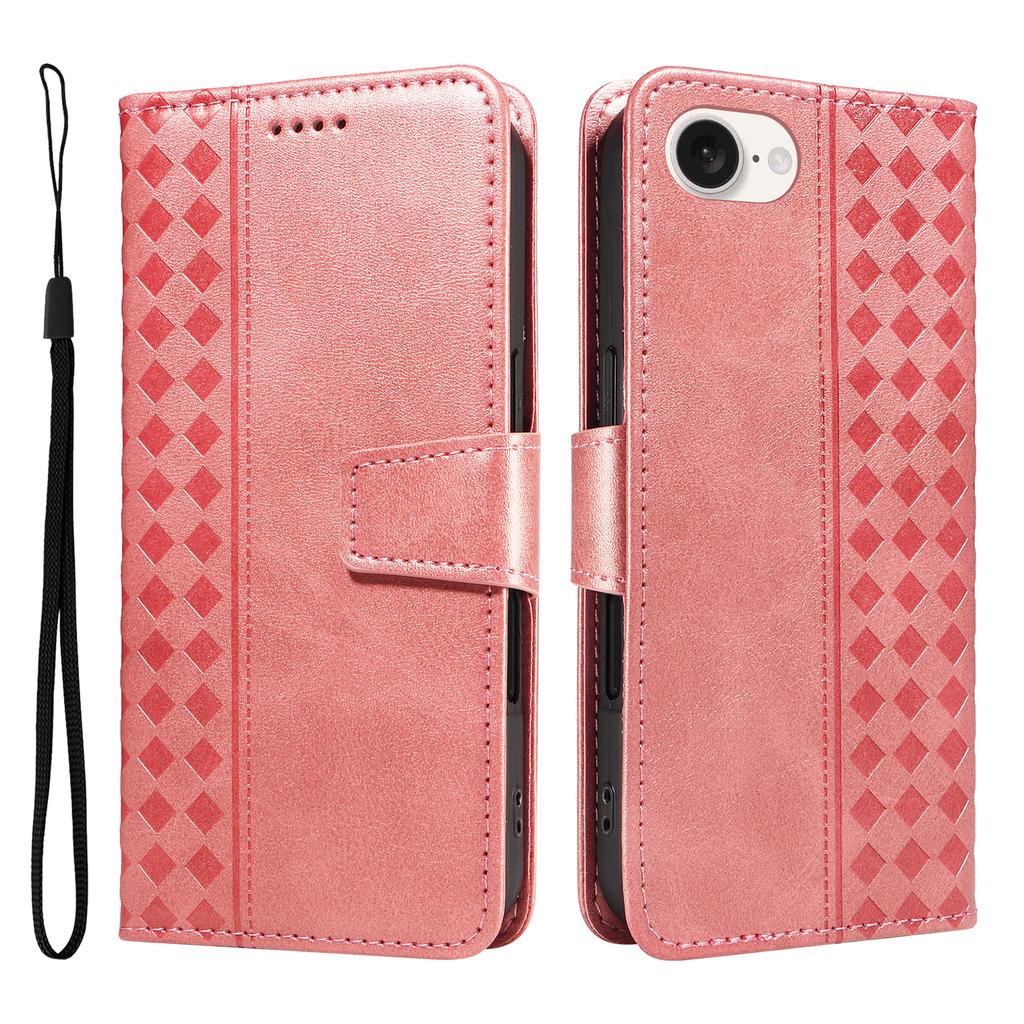 For iPhone 16e Leather Case Wallet Stand Grids Imprinted Phone Cover with Strap