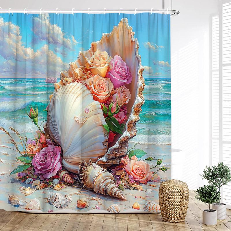 Beach Floral Conch Shower Curtains Watercolour Roses Flowers Starfish Seashells Ocean Waves Scenery Cloth Bathroom Curtain Decor
