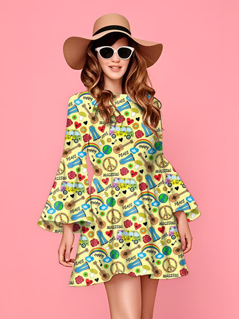 Retro 1970s Hippie Disco Print Women's Dress