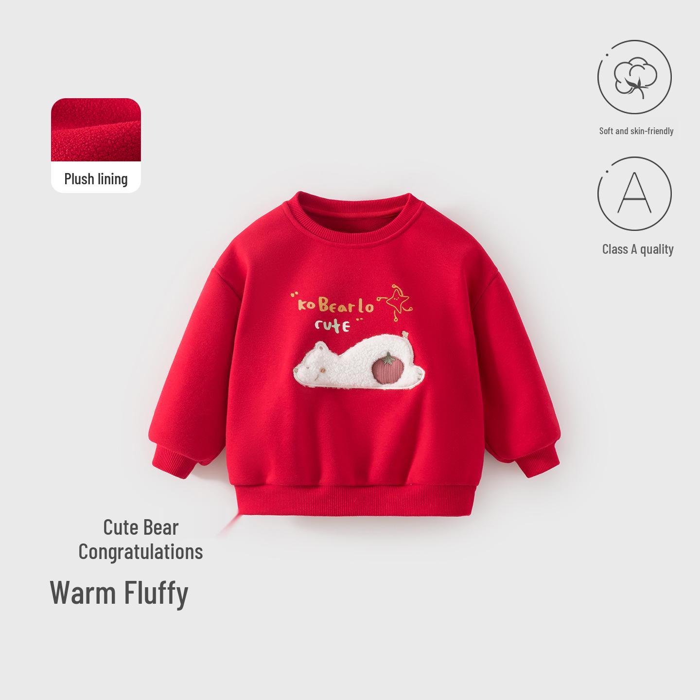 Unisex Baby Red Velvet Hoodie - Autumn/Winter New Year Outfit Cute Bear Celebration