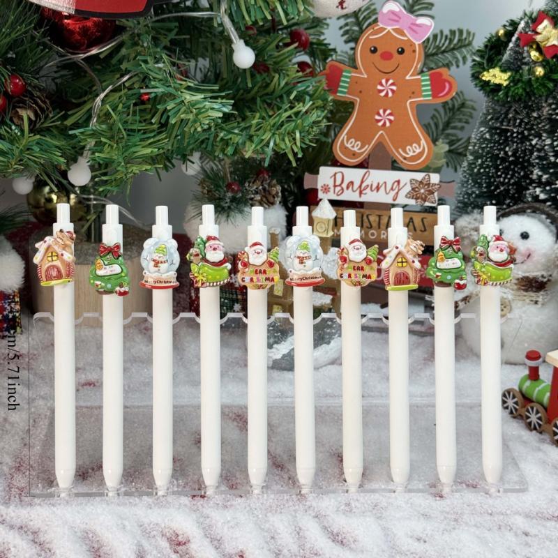 10Pcs Creative White Christmas Shape Patch Press Ballpoint Pen Cartoon Press Pen Holiday Gift Novelty Stationery Teacher Party Favors Back To School
