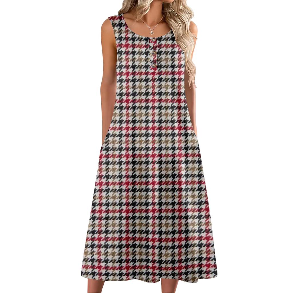 Women's Fashion Casual Sleeveless Button Plaid Print Dress with Pocket