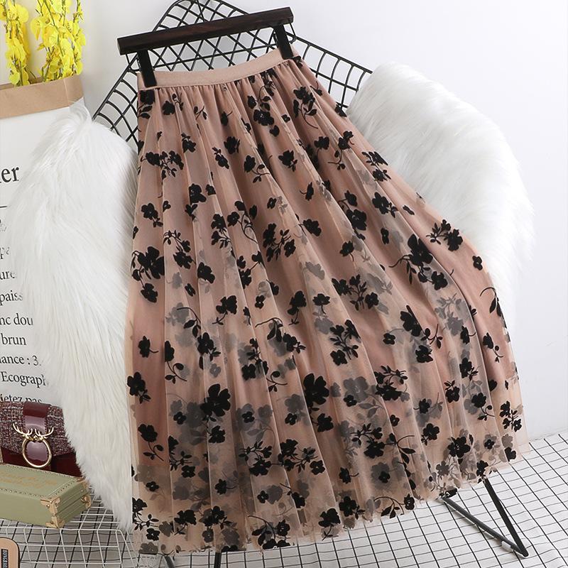 Spring Summer High Waist All-match Embroidery Mesh Skirt Temperament Mid-length Long Skirts for Women Slim