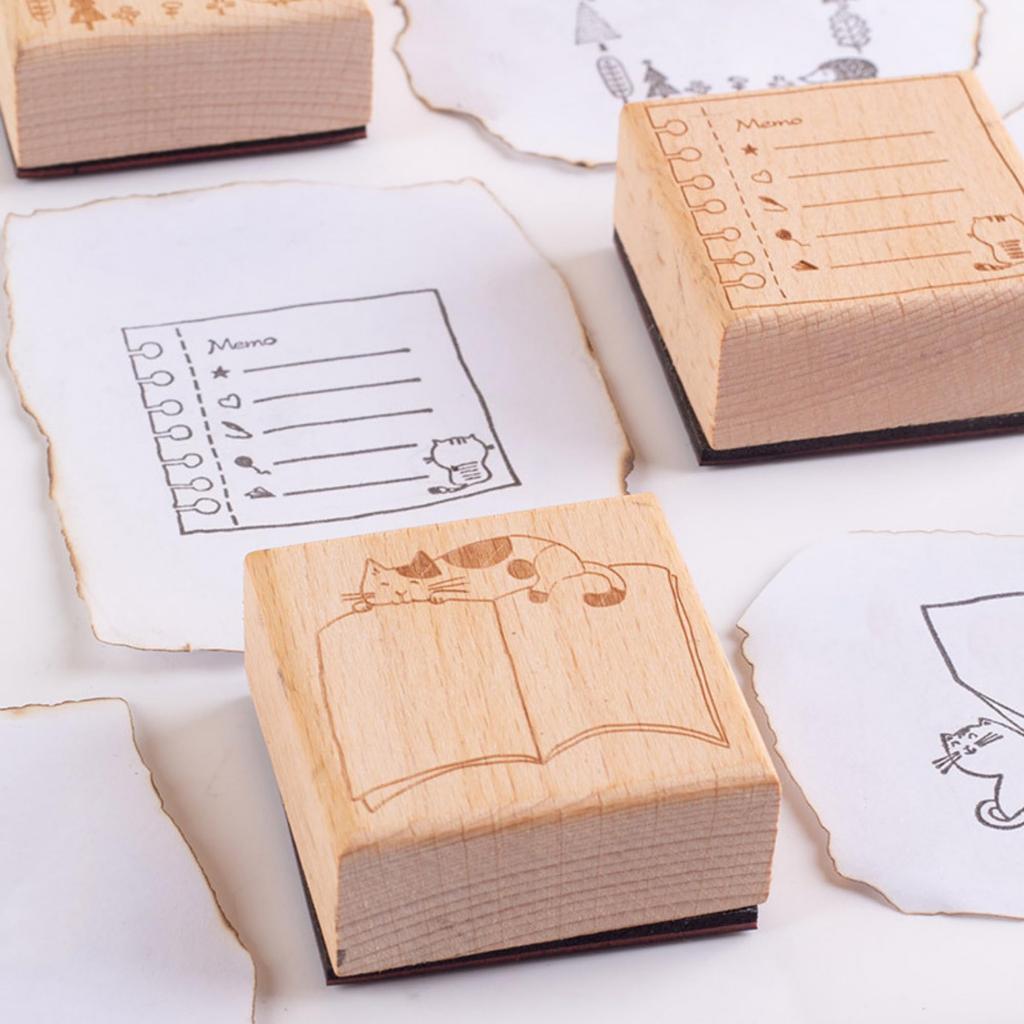 Stamp Set of Cute Teacher Rubber Seal [Suyasuwa] Frame, Square, Cat, 3, Frame, Wooden,