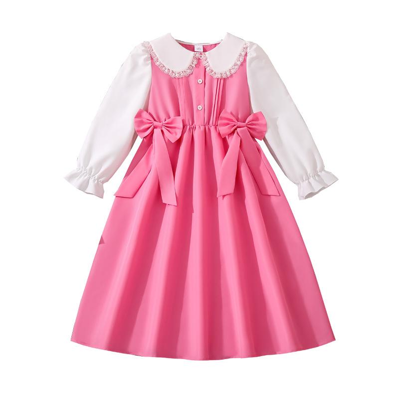 Girls Dress Autumn New Korean Version Medium and Large Children Cute Doll Collar Long Sleeve Bow Princess Dress
