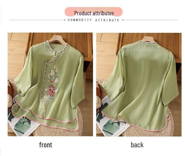 Women's Ethnic Embroidered Chinese Style Cotton-Linen Shirt with Frog Buttons and Seven Sleeves