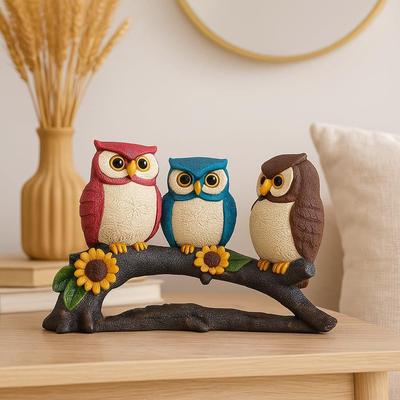 Belle statue décorative en résine représentant une famille de hiboux pour la décoration intérieure (Paquet de 1. Multicolore)