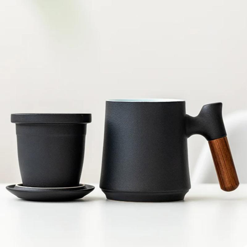 Ceramic Mug Bubble Tea Cup Aesthetic Luxury Original Mugs Coffee Cups Elegant Lid Vintage Water Cup Thermal Beautiful Unusual Tea Mugs Wood Handle