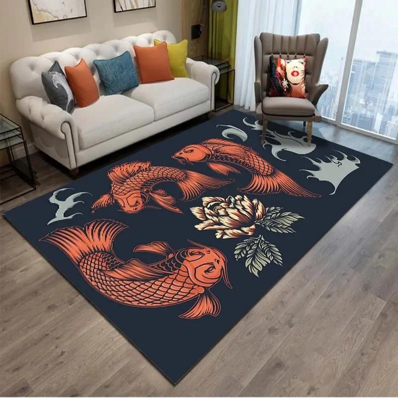 Chinese Koi Carp Ink Painting Good Luck Rug Pink Cherry Blossoms Carpet For Living Room Bedroom Home Decor Door Mat