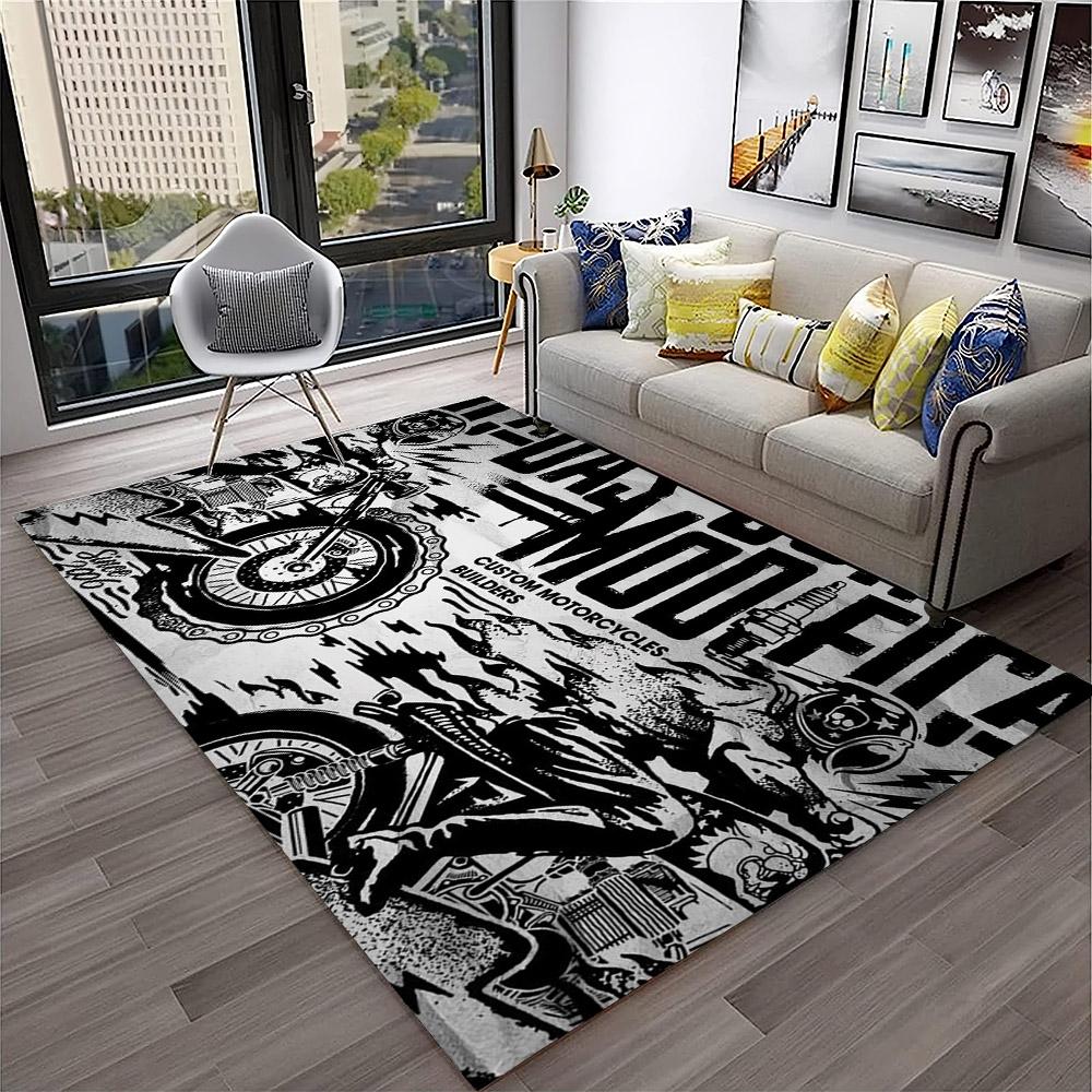 3D Retro Motorrad Vintage Teppich für Zuhause Wohnzimmer Schlafzimmer Spielzimmer Sofa Fußmatte Dekor, Kinderteppich Rutschfeste Bodenmatte