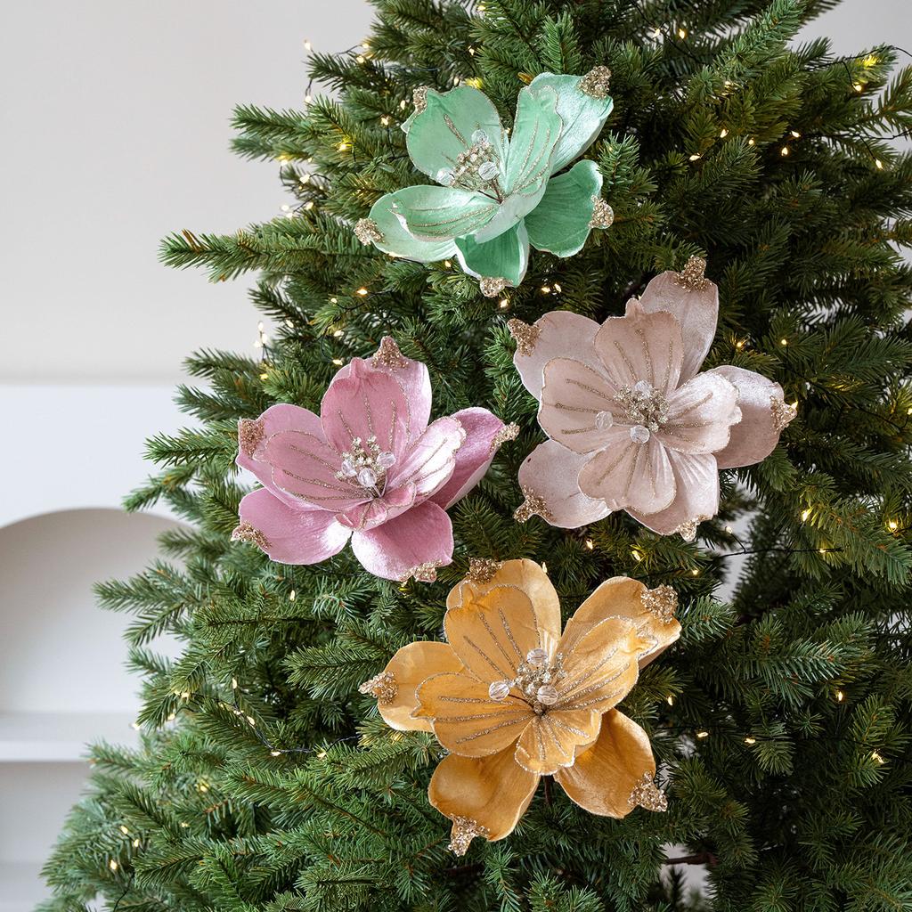 1PC Christmas Artificial Flower 22cm Fabric Sticky Pink Sequins Imitation Magnolia Flower Living Room Decoration Christmas Decoration Small Gift