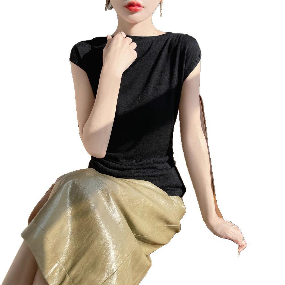 Off-Shoulder Merino Wool Slim-Fit Knitted T-Shirt for Women – Short-Sleeve & Versatile Top
