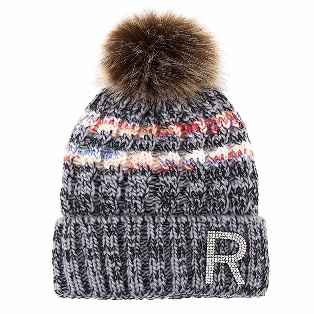 

Winter Lady Fashion Thicken Beanie Rhinestone Letter Knitting Wool Ball Warm Hat Bonnet gray One size#1