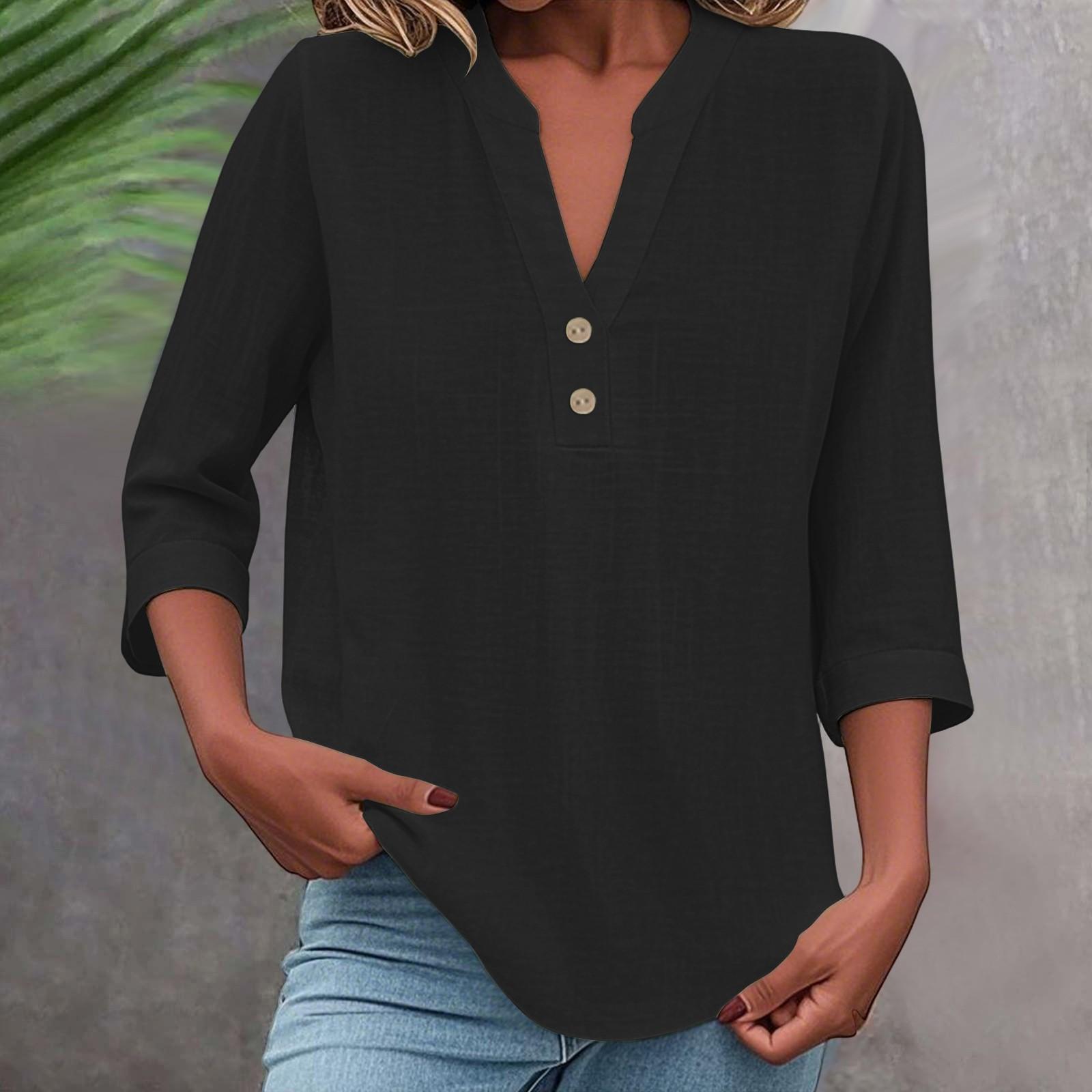 

Топ с рукавом 3/4 из льна для женщин, свободного кроя, с V-образным вырезом, на пуговицах, милые однотонные летние пляжные футболки XL чёрный