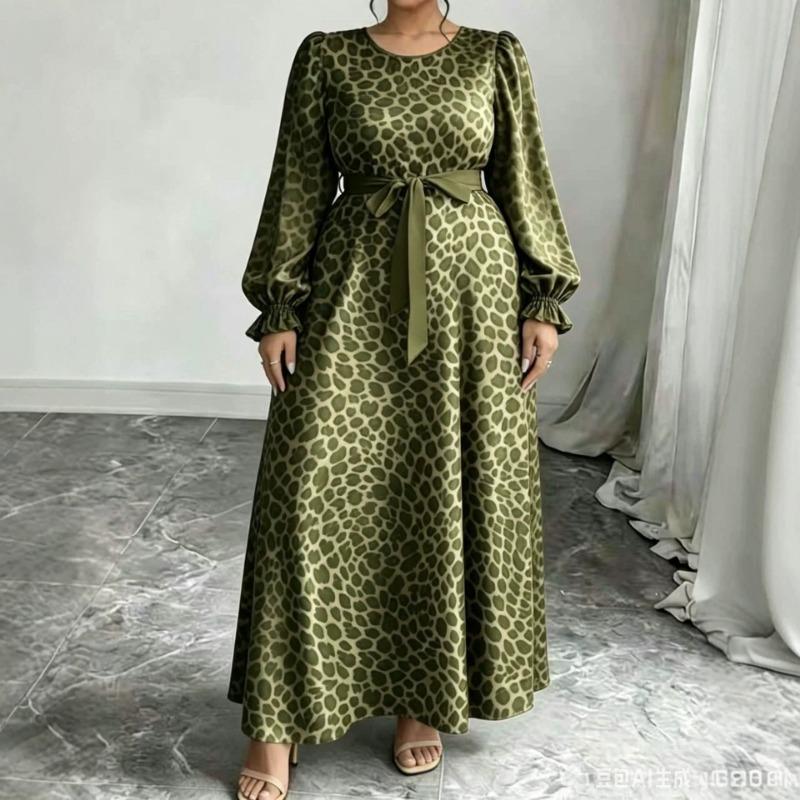 Women Plus Size Leopard Print Long Sleeve Square Neck Elegant Midi Dress