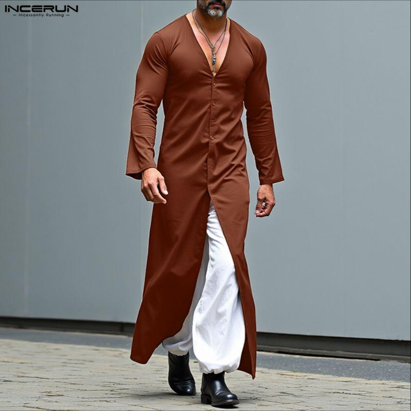 INCERUN Autumn Men V Neck Long Sleeve High Splits Casual Long T-shirts Tops