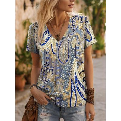 Elegant Vintage Paisley Print Casual T Shirt V Neck Short Sleeve Tee For Women Summer Holiday Travel And Vacation Wear