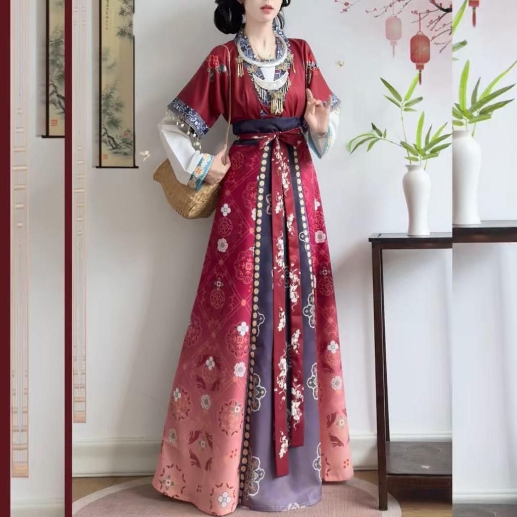 Chinese Tang Dynasty Beizi Hanfu Set, Printed Cardigan Ethnic Style One-Piece Waist Skirt Daily Wear