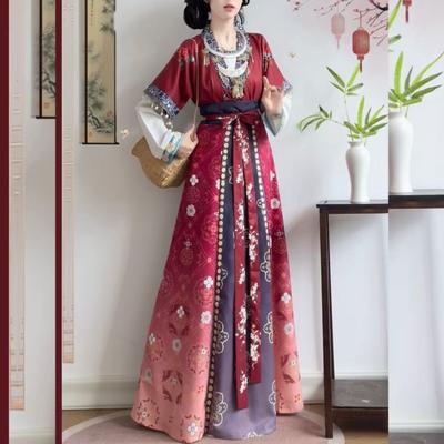 Chinese Tang Dynasty Beizi Hanfu Set, Printed Cardigan Ethnic Style One-Piece Waist Skirt Daily Wear