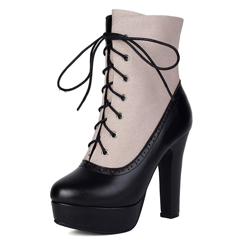 2025 Fashion Women Boots Round Toe Block Heels 10.5cm Platform 3cm Lace Up Mixed Color Plus Size 41 42 43 Party Bota 35
