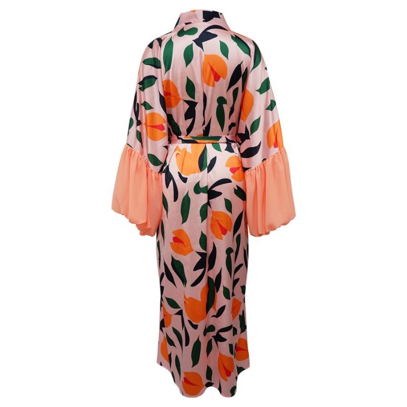 Dámské Maxi Kimono s vlnovým potiskem, otevřené vpředu, s nabíranými rukávy, dlouhý kardigan, ležérní Boho, plážové přehození