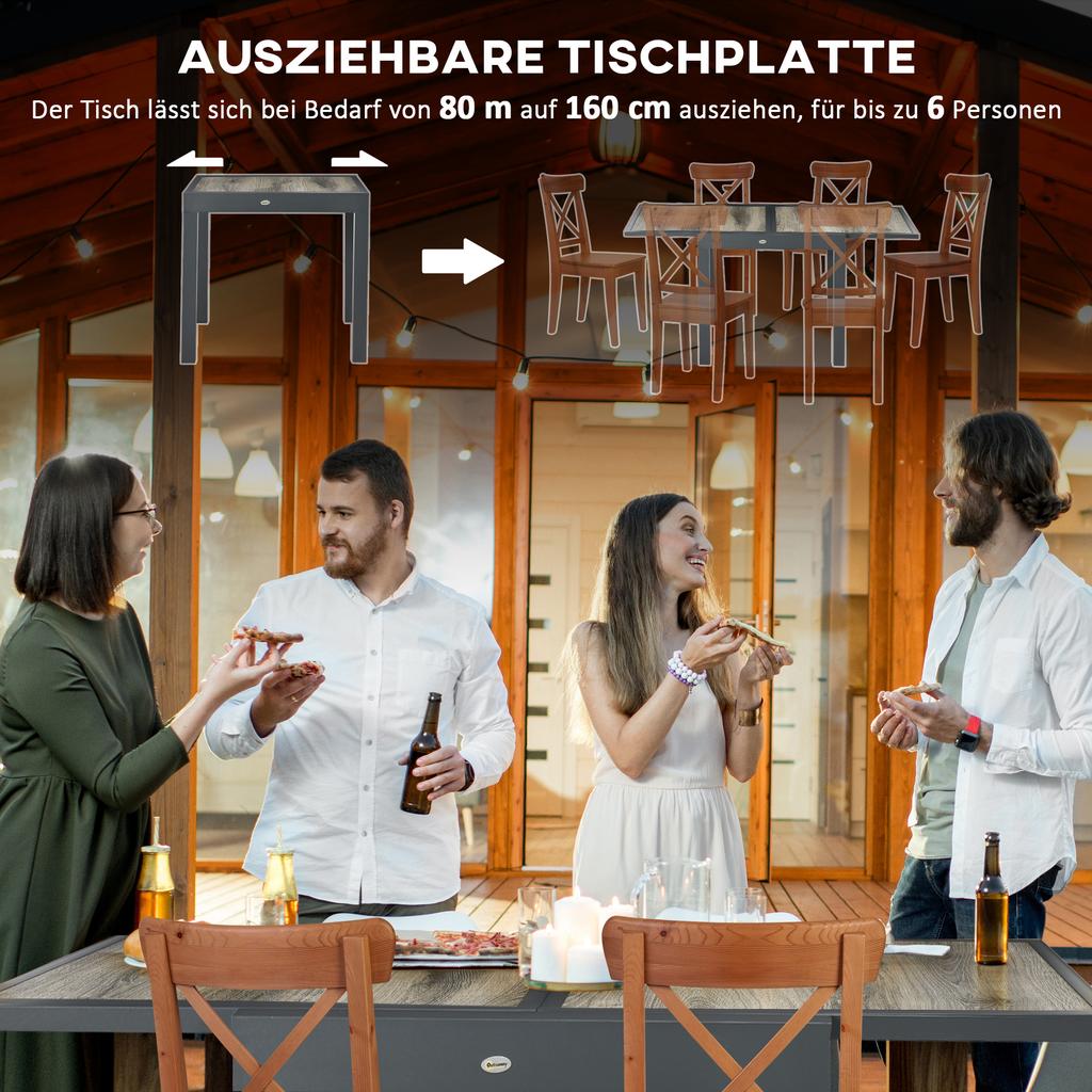 Ausziehbarer Gartentisch, Outdoor-Esstisch für 6 Personen, Rechteckiger Terrassentisch mit Aluminiumrahmen und Tischplatte aus Kunststoff, 80/160L x 80B x 75H cm, Beige
