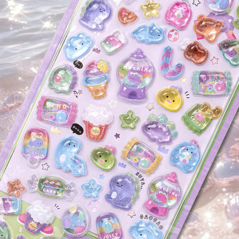 3D Cute Animal Relief Stickers, 5-Sheet Set of Cartoon Bear Cat Puppy with Crystal Jelly Gel DIY Patches