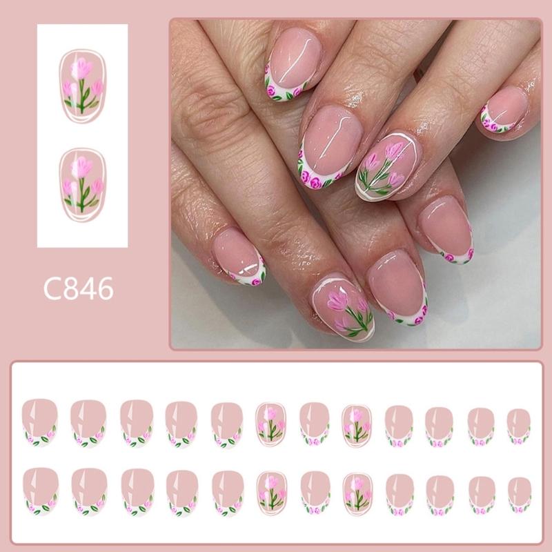 24 Pcs French Tip Press On Nail Short Oval False Nail Flowers Acrylic Nail Simple Full Cover Stick On Nail