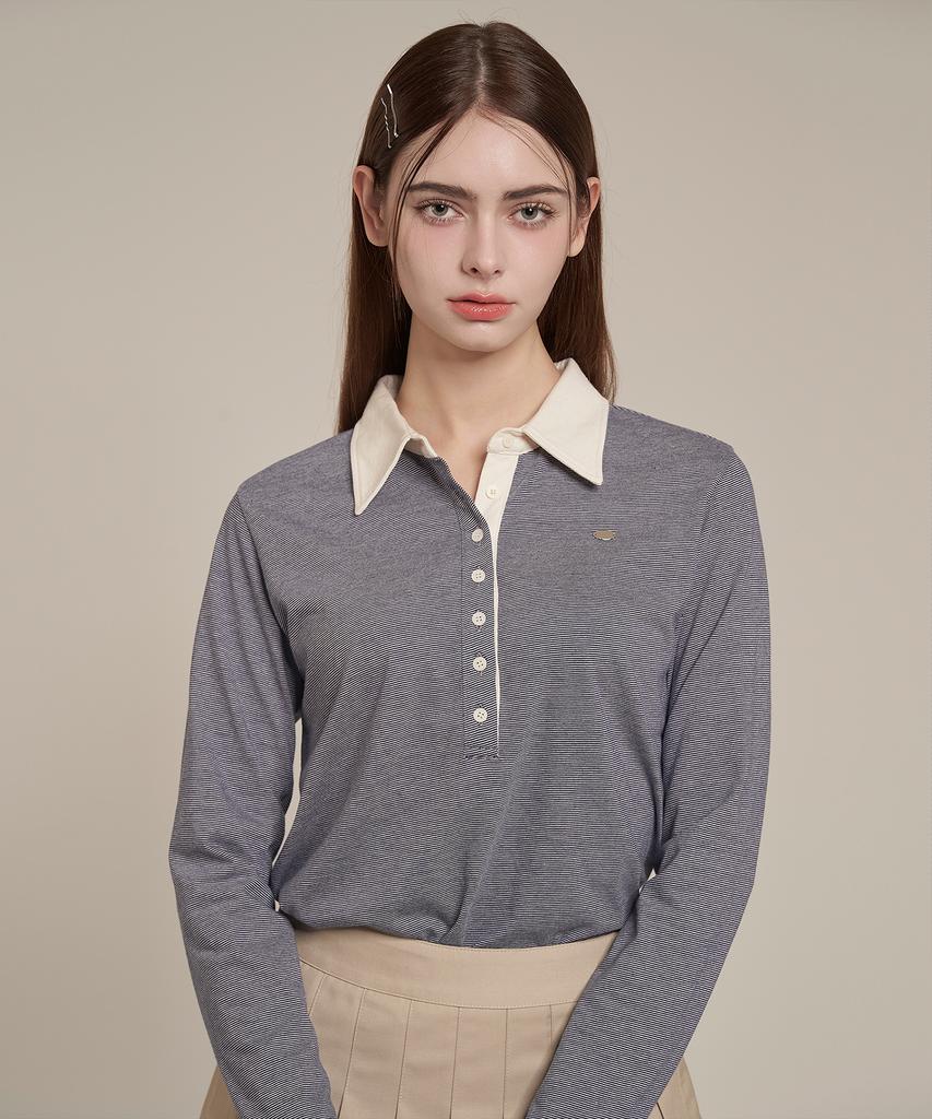 Iteoneolmomeonteu Striped Button Collar T-Shirt _ Navy