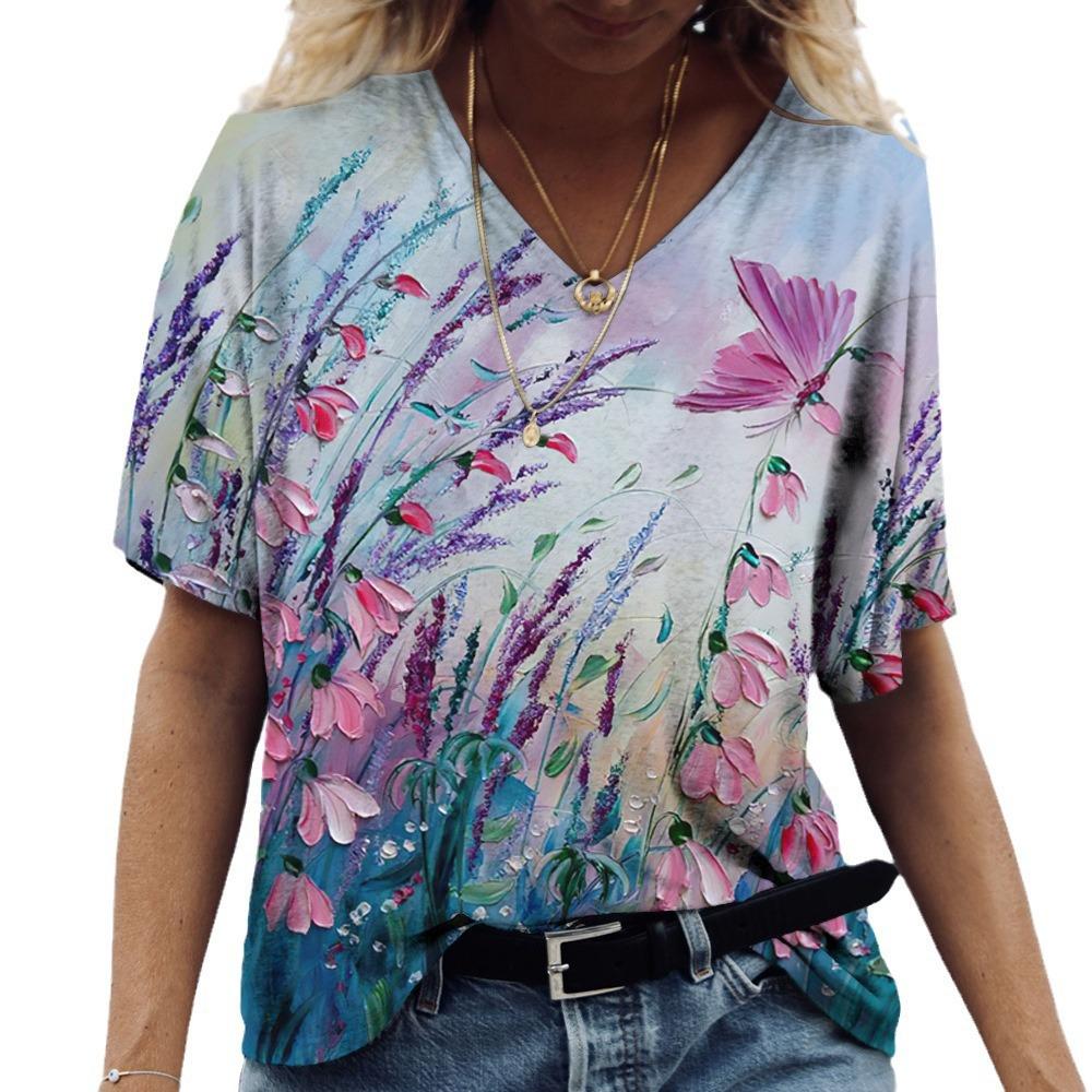 Summer V-neck 3D Flower Butterfly Printed Top Fashionable Casual Short Sleeved Women's T-shirts