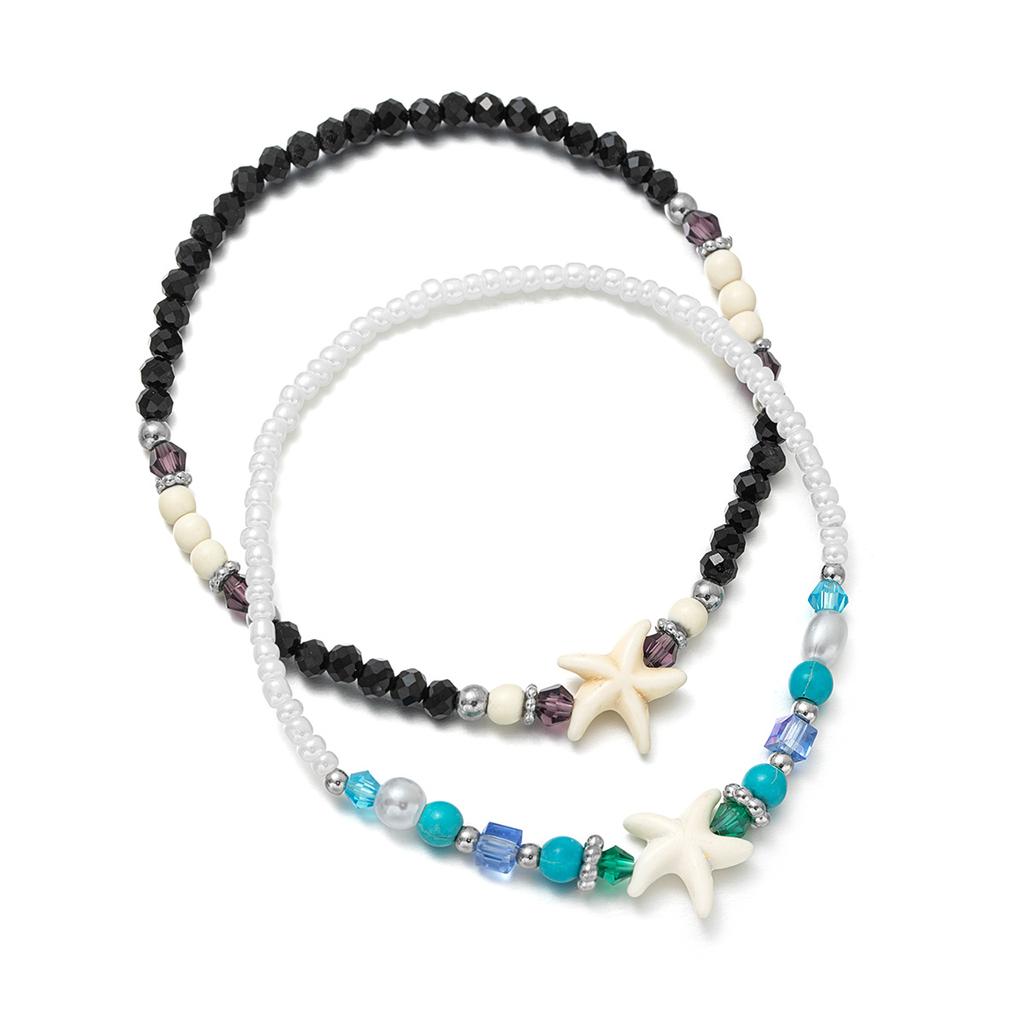 2 Pieces of Ocean Style Black and White Bead Mixed with Turquoise Starfish Double-layer Layered Women's Ankle Chains