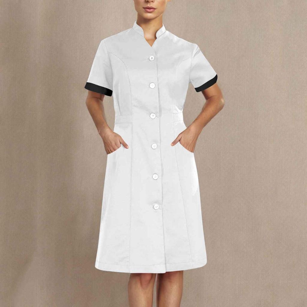 Housekeeping Uniform Dress Womens Button Down Scrub Dresses Short Sleeve Lapel Nursing Shirt Dress with Pockets
